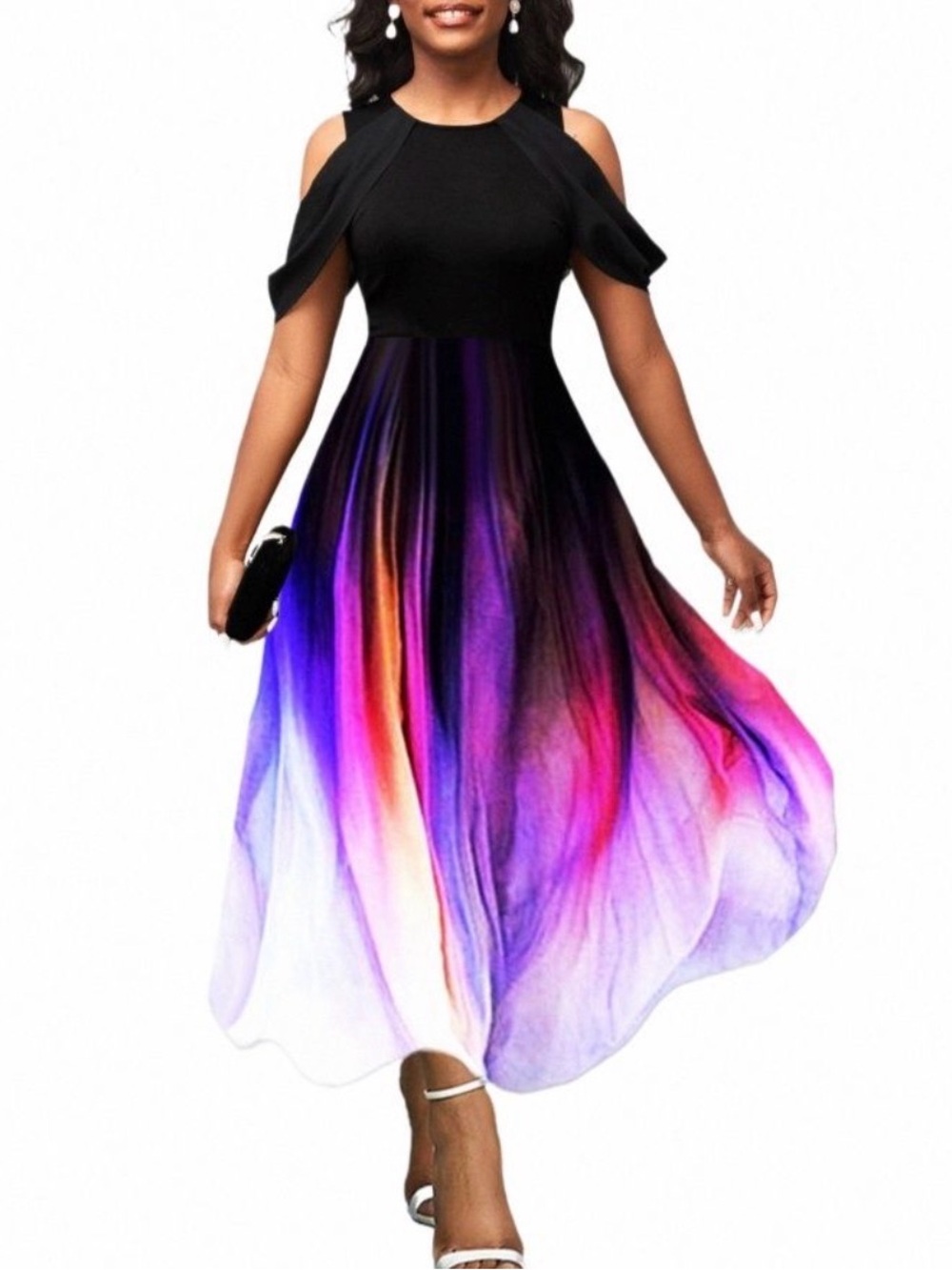 Cold-Shoulder Gradient Chiffon Maxi Dress in Black & Purple. NWOT.